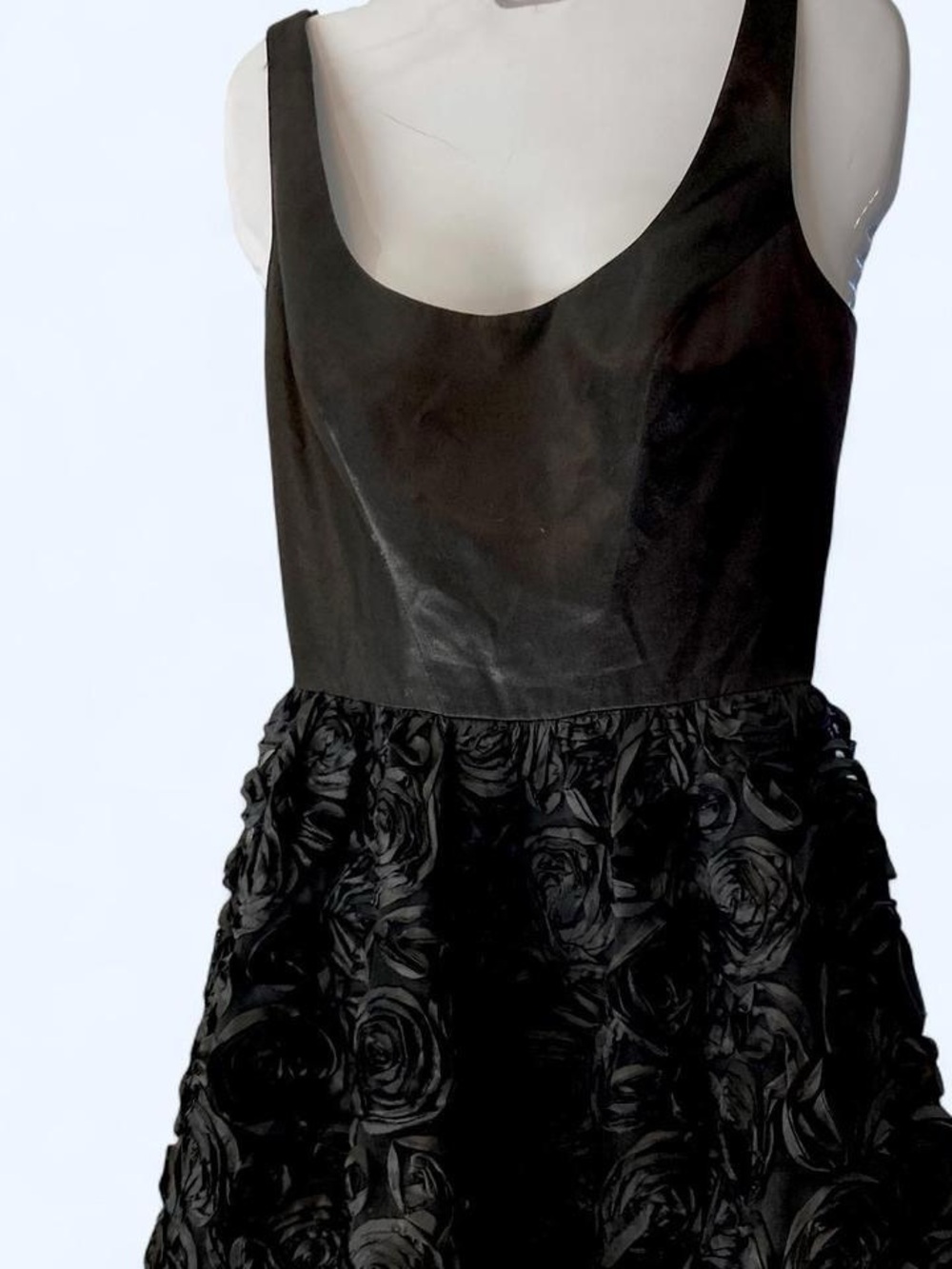 Adrianna Papell black babydoll dress with floral ruffles. 4